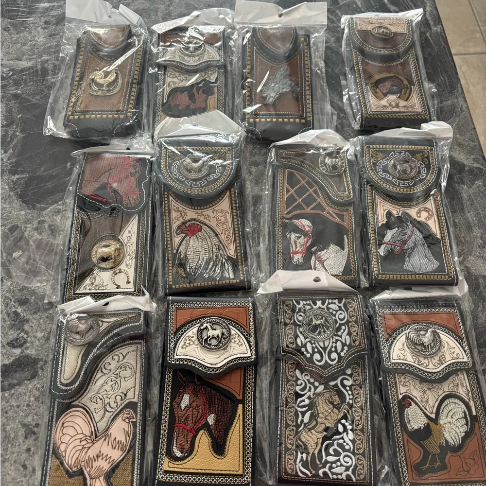 Western Cowboy/Charro Vinil and leather Cellular Phone case Rooster, Horse/Bull